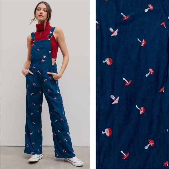 Cider Pants - Cider Navy Blue Mushroom Embroidered Corduroy Overalls Jumpsuit